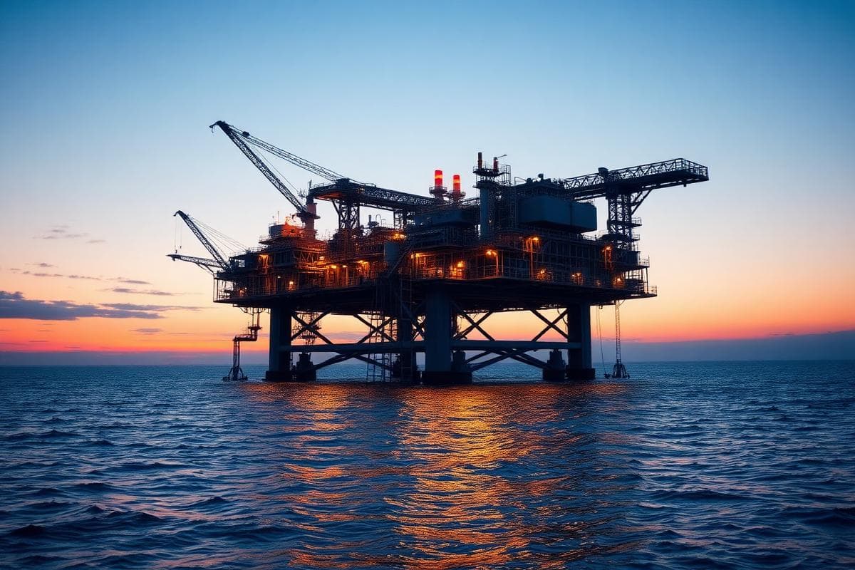 Offshore platform on open water at dusk