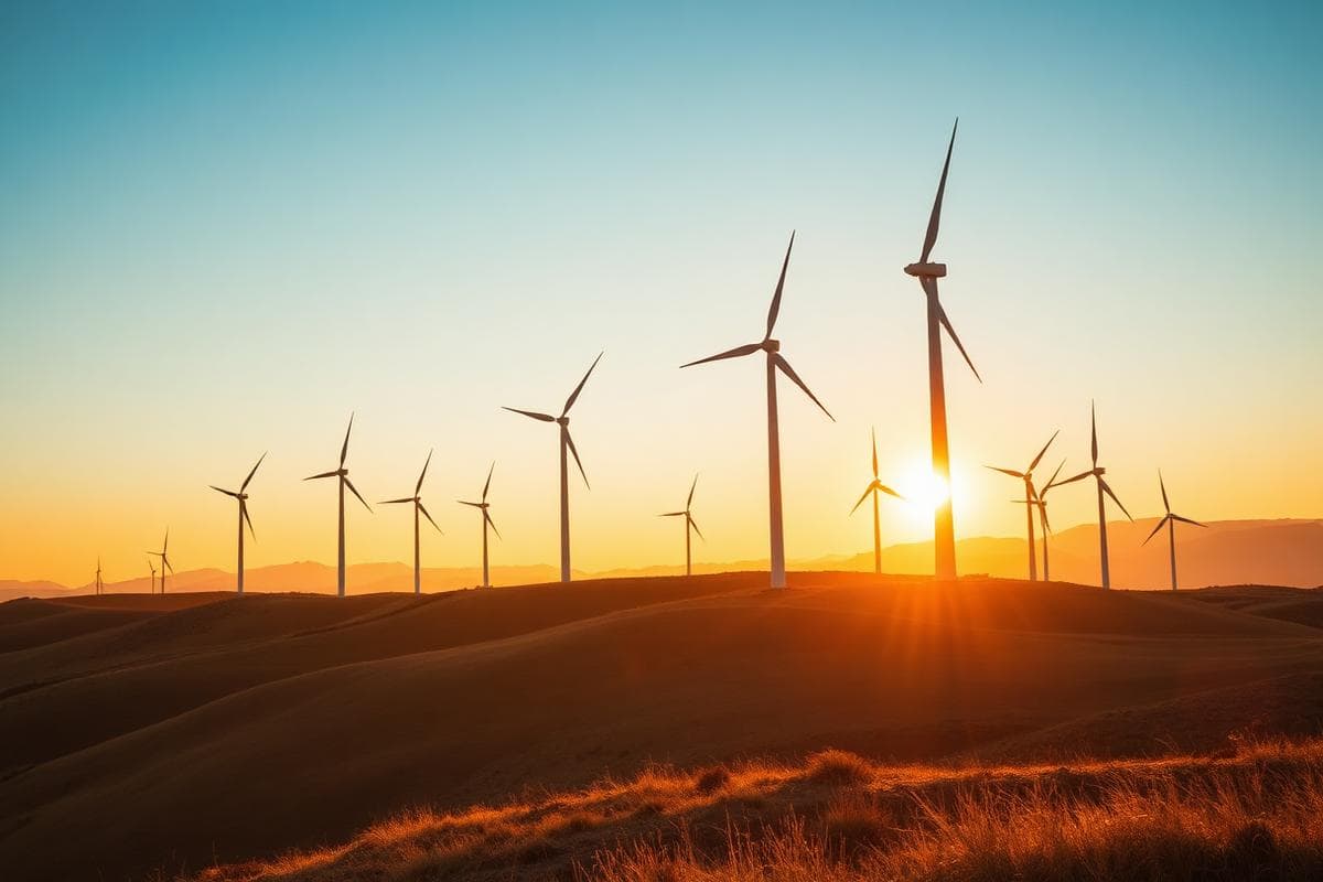Wind turbines across a ridge at sunrise
